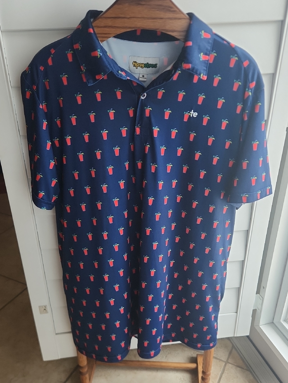 Tipsy Elves Navy Polo with Red Drink Motif Men's XL
